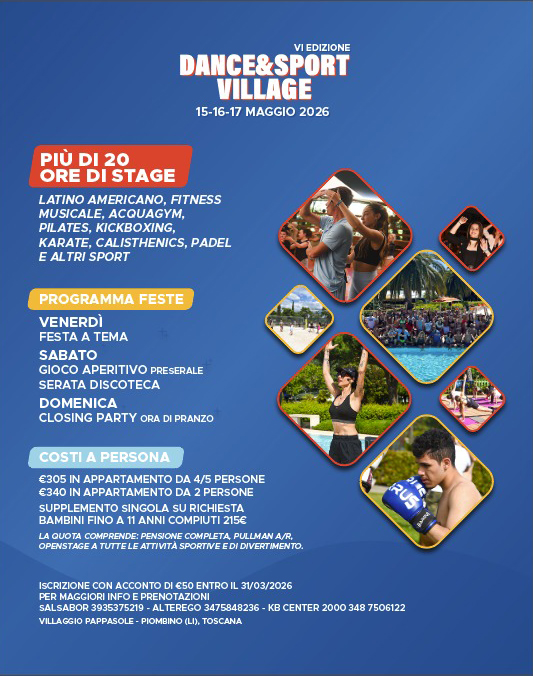 Locandina Dance & Sport Village 2026 al Villaggio Pappasole di Piombino